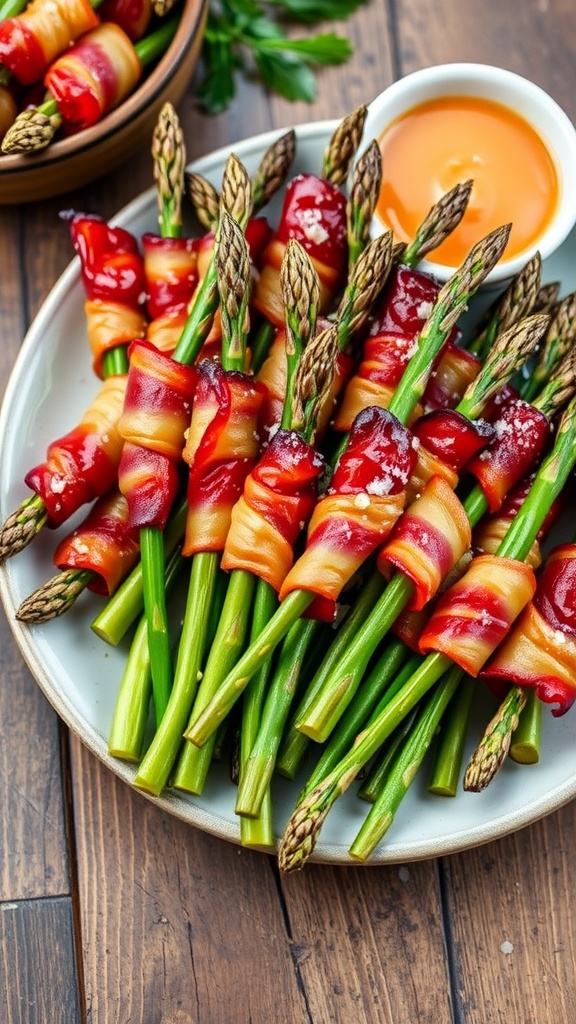 Crispy bacon-wrapped asparagus arranged on a rustic wooden table with Parmesan cheese and dipping sauce.